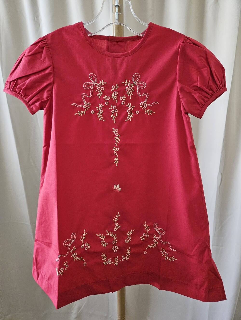Love Me Hand Embroidered Red Heirloom Puff Sleeve A-Line Dress 3T - Picture 2 of 6